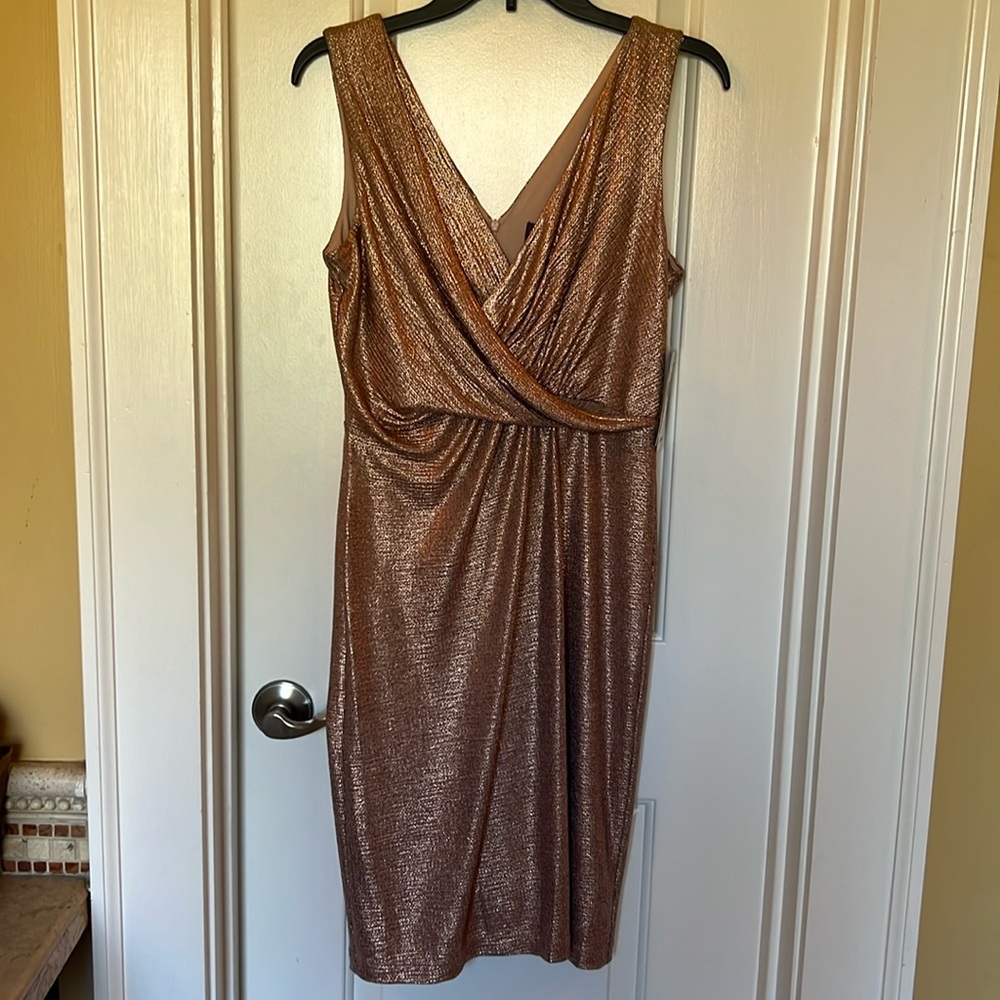 Rose Gold shimmer Donna Ricco cocktail dress.